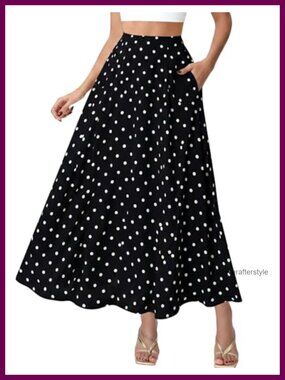 Women's Polka Dot Flowy Maxi Skirt A-Line Long Skirt with Pockets